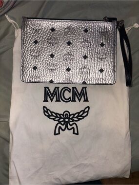 MCM Metallic Silver Logo Wristlet with Black Strap